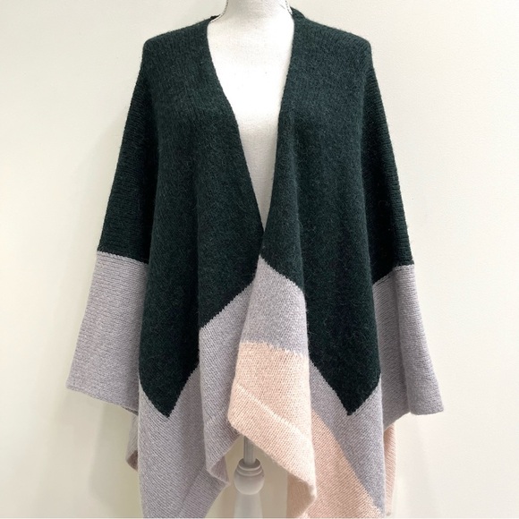 ELK Kulture Wrap Poncho Olive Green Pink Gray Colorblock Wool Alpaca Blend OS - Picture 2 of 13